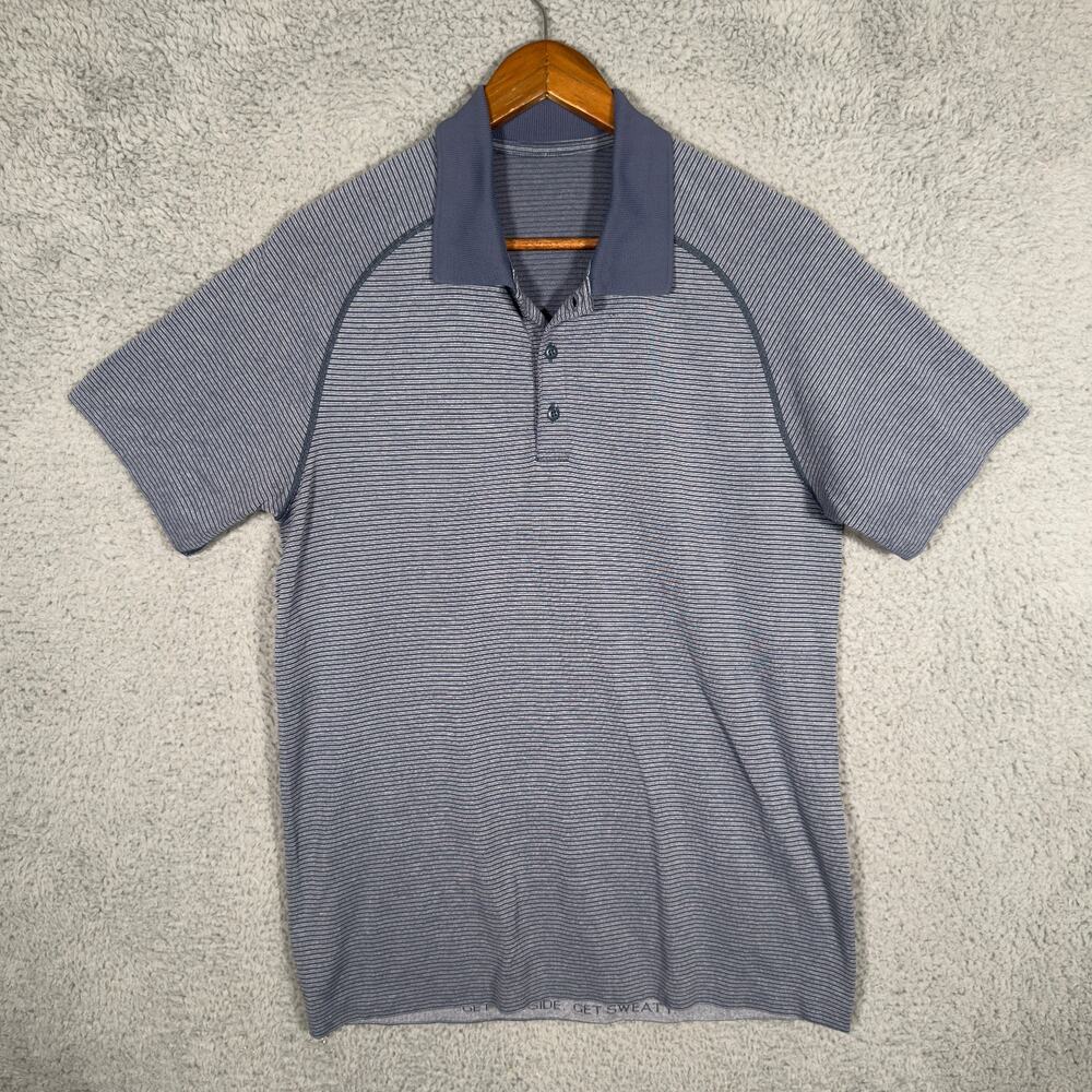 Lululemon Polo Shirt Men's Medium Blue Striped Stretch Breathable Athleisure